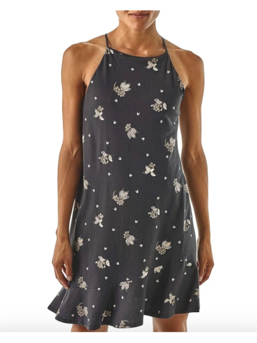 Patagonia Alpine Valley Floral Halter Dress Cotton Tence Small Ruffle Hem Gray
